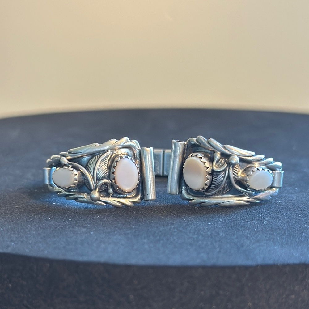Native American Begay Stamped RB Moonstone Sterling Silver Feather watch Band